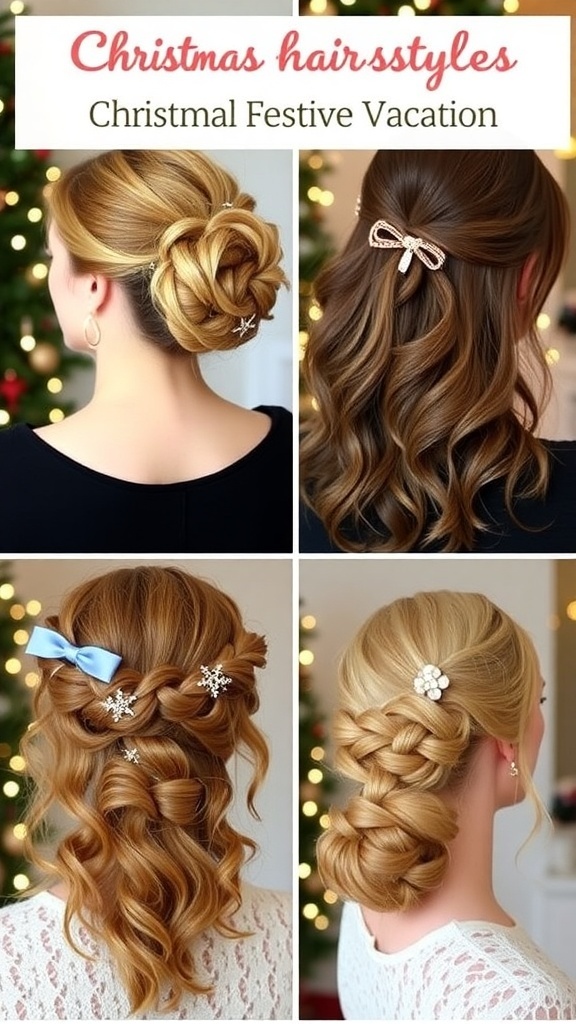 A variety of Christmas vacation hairstyles including an updo, waves, a braided crown, and a ponytail with holiday accessories.